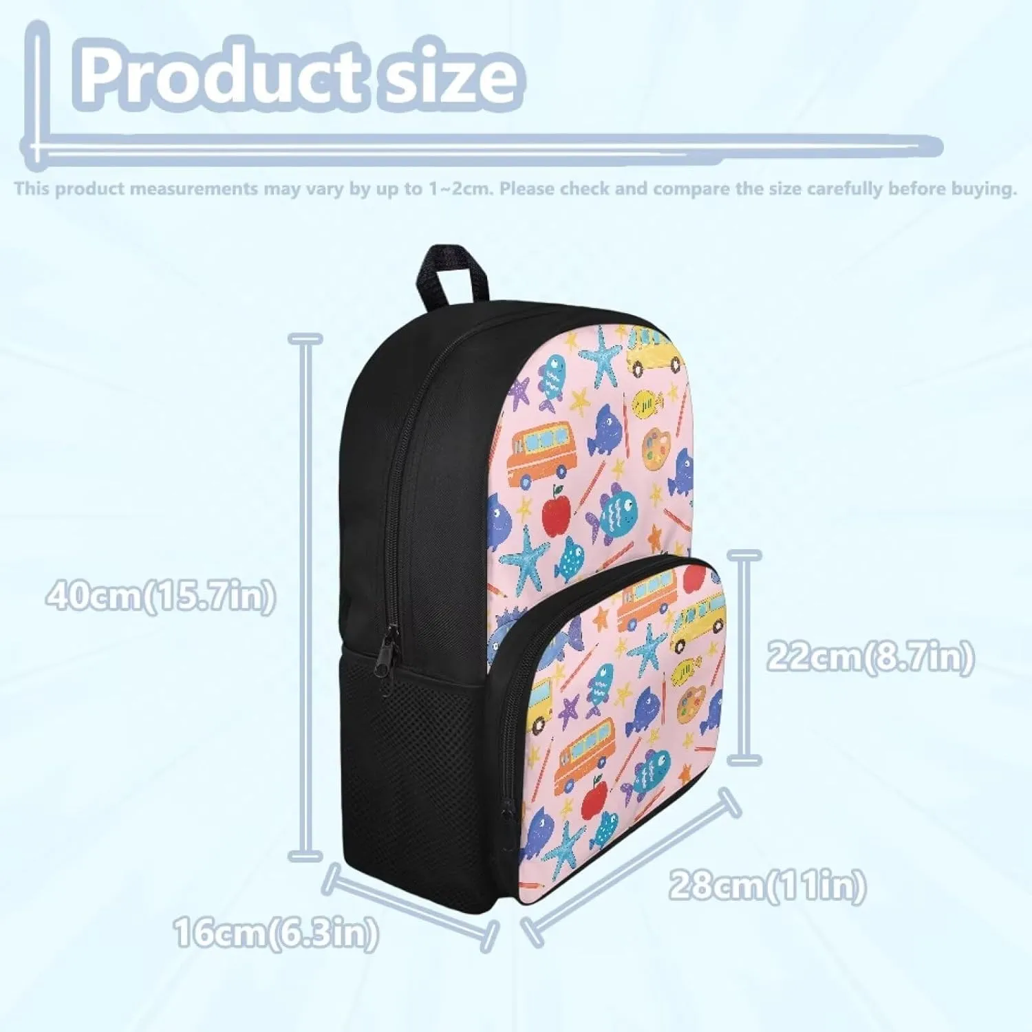 Custom Name Starfish Print Kids Backpack for Ages 10-12, 15.7x11x6.3 Inch Durable Bag with Front Zipper, Side Mesh Pockets, Internal Organizer, Bag for School Supplies & Birthday Gifts