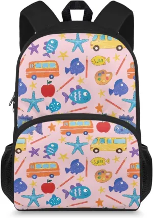 Custom Name Starfish Print Kids Backpack for Ages 10-12, 15.7x11x6.3 Inch Durable Bag with Front Zipper, Side Mesh Pockets, Internal Organizer, Bag for School Supplies & Birthday Gifts