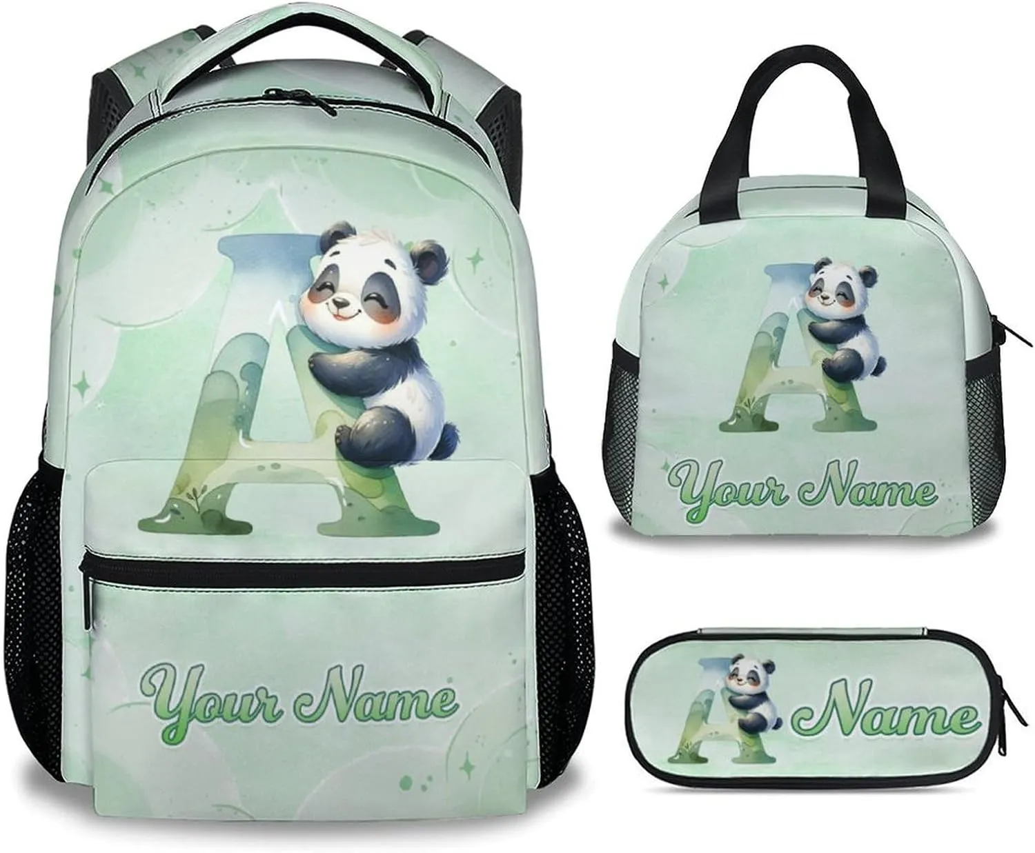 Custom Panda Backpack with Lunch Box and Pencil Case Set, 3 in 1 Matching Girls Backpacks Combo, Green Cute Bookbag and Pencil Case Bundle