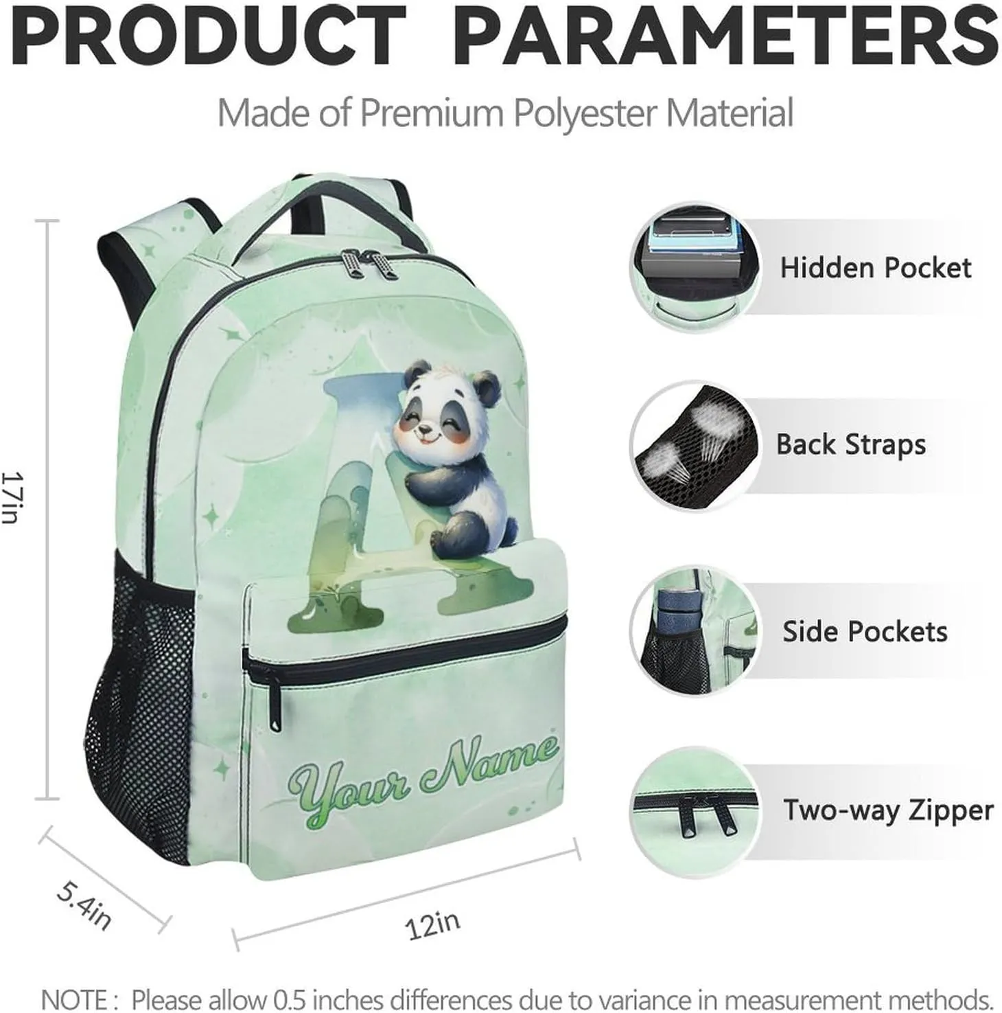 Custom Panda Backpack with Lunch Box and Pencil Case Set, 3 in 1 Matching Girls Backpacks Combo, Green Cute Bookbag and Pencil Case Bundle