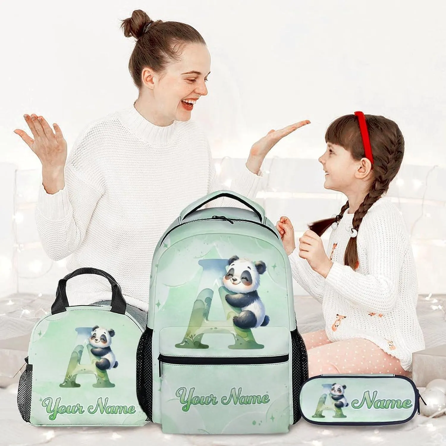 Custom Panda Backpack with Lunch Box and Pencil Case Set, 3 in 1 Matching Girls Backpacks Combo, Green Cute Bookbag and Pencil Case Bundle