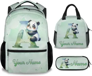 Custom Panda Backpack with Lunch Box and Pencil Case Set, 3 in 1 Matching Girls Backpacks Combo, Green Cute Bookbag and Pencil Case Bundle