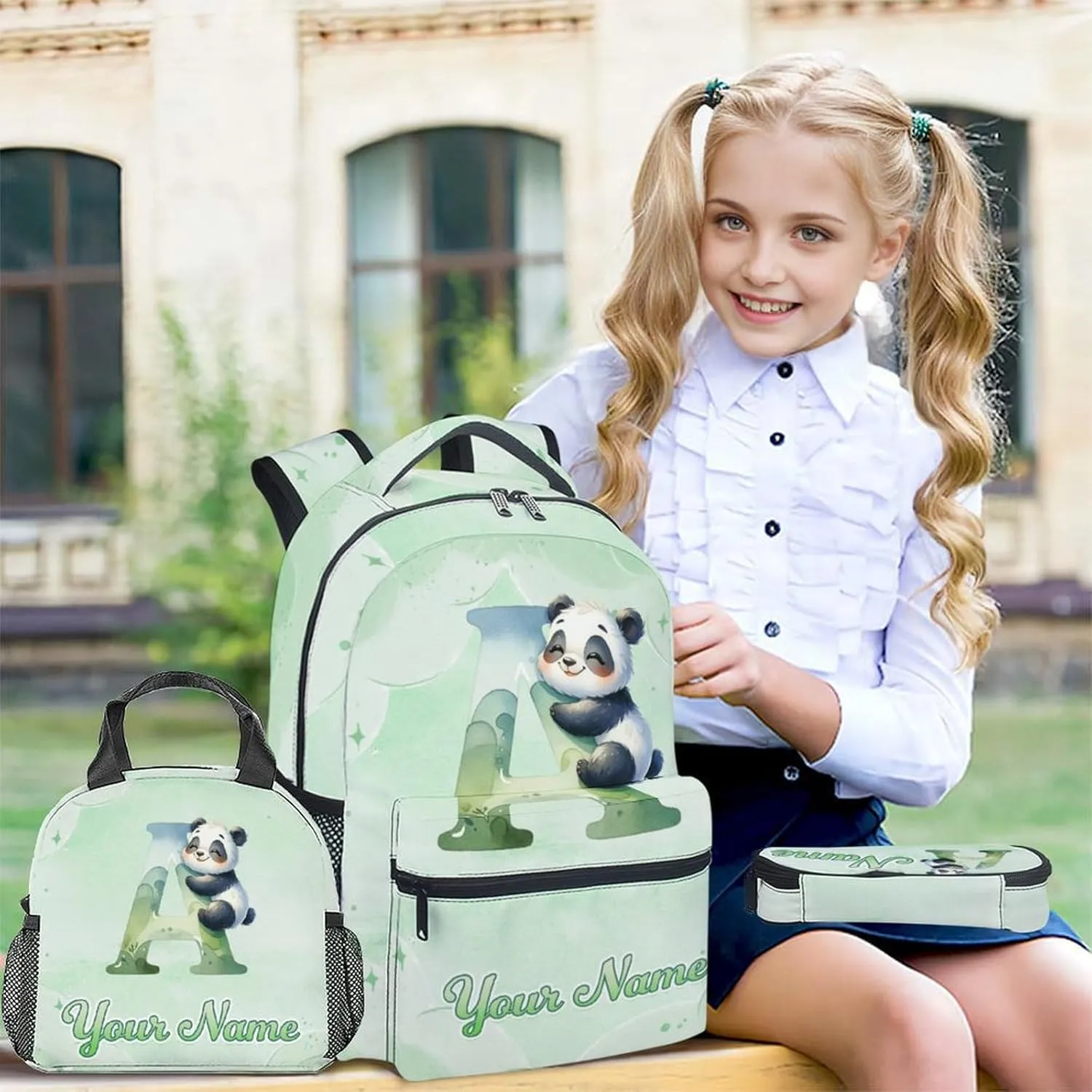 Custom Panda Backpack with Lunch Box and Pencil Case Set, 3 in 1 Matching Girls Backpacks Combo, Green Cute Bookbag and Pencil Case Bundle