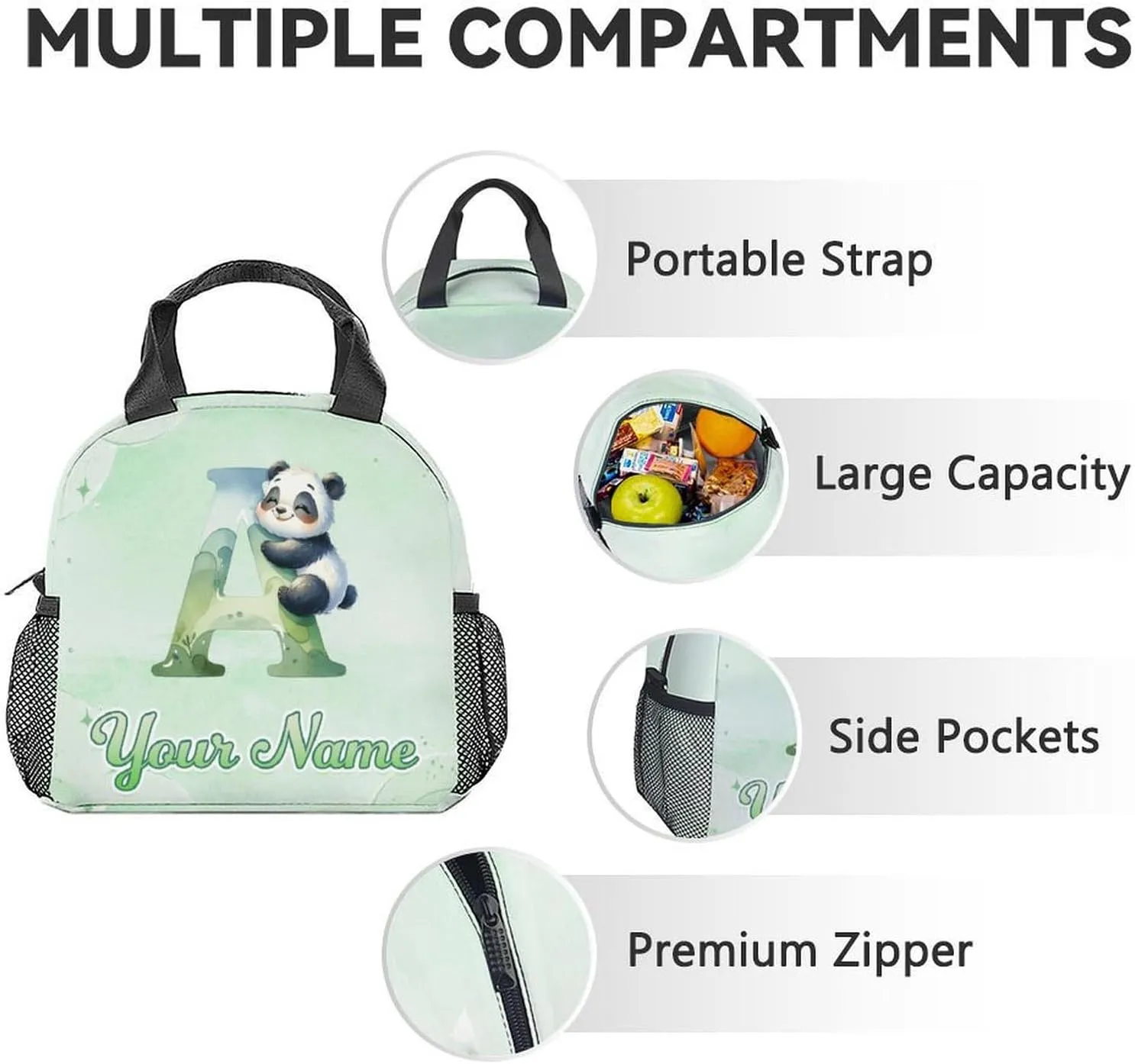 Custom Panda Backpack with Lunch Box and Pencil Case Set, 3 in 1 Matching Girls Backpacks Combo, Green Cute Bookbag and Pencil Case Bundle