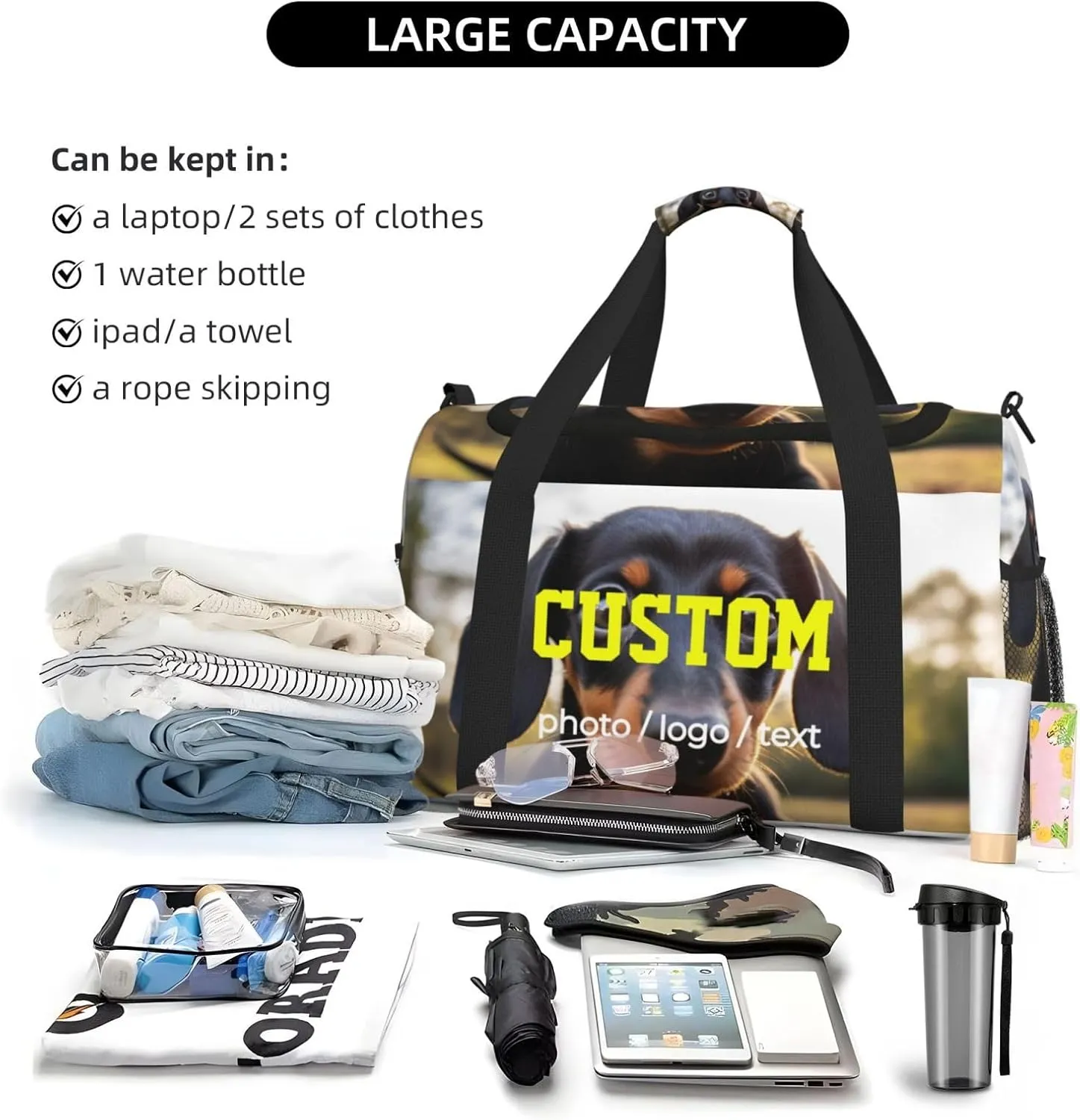 Custom Photo Big Sports Duffle Bag Customization Travel Gym Bag with Name Text Customize Personalized Weekender Workout Bag for Men Women