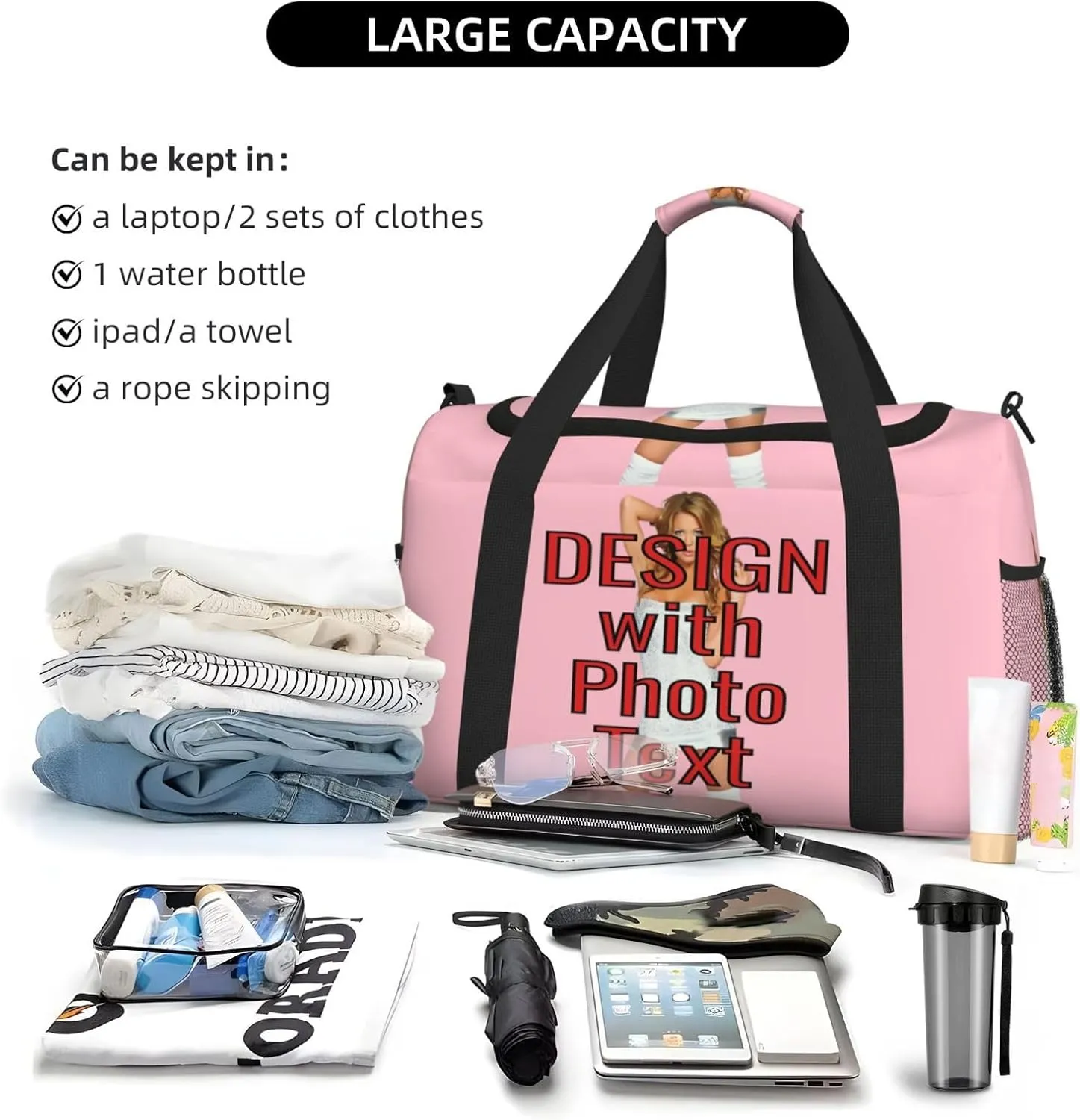 Custom Photo Big Sports Duffle Bag Customized Travel Gym Bag with Text Customize Personalized Unisex Weekender Workout Bag, Multi-colors