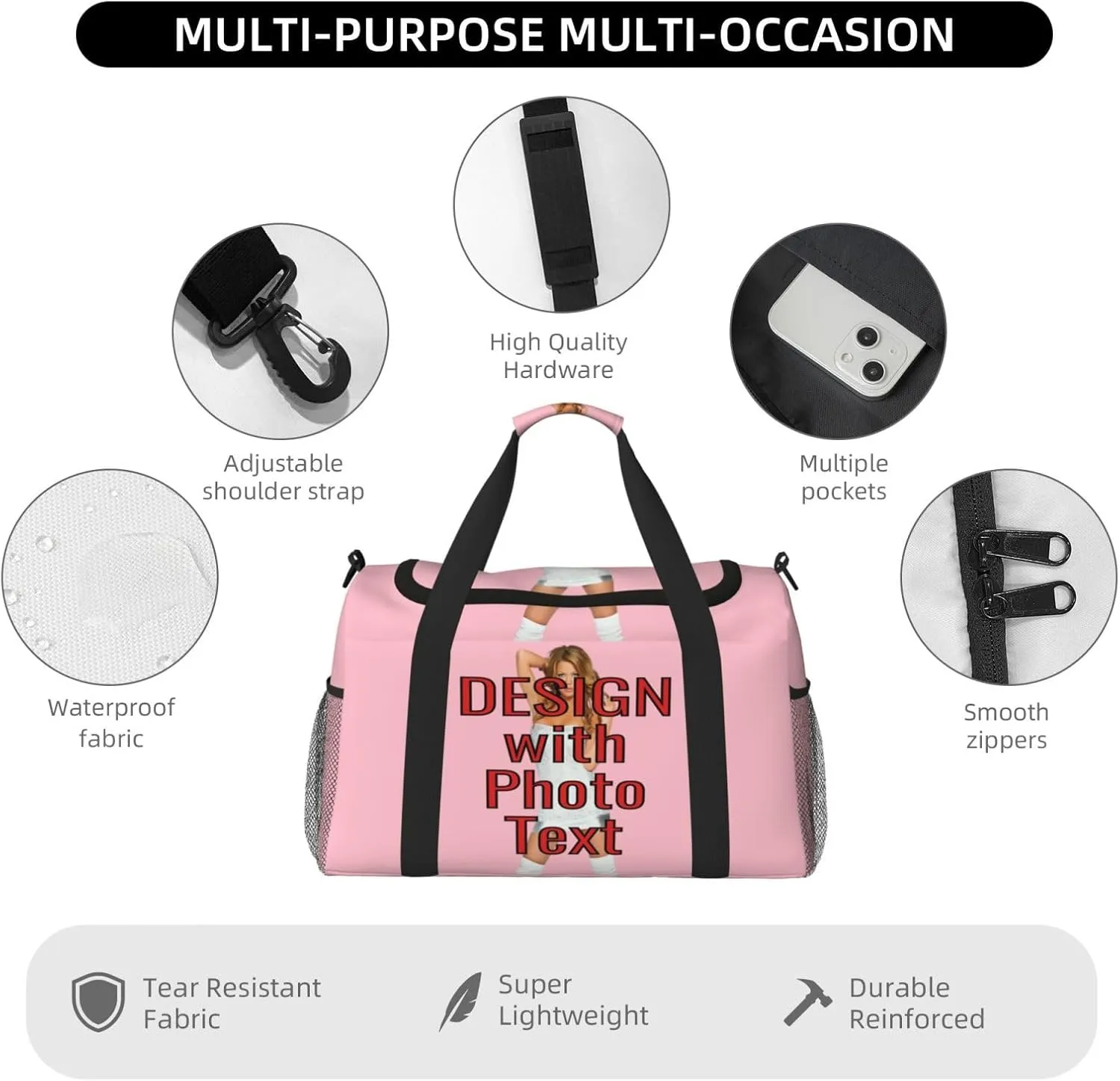 Custom Photo Big Sports Duffle Bag Customized Travel Gym Bag with Text Customize Personalized Unisex Weekender Workout Bag, Multi-colors