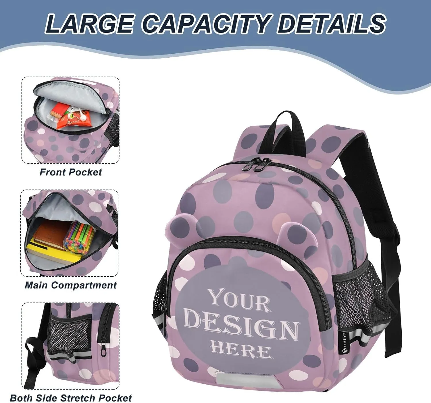 Custom Pink Funny Preschool Backpack Random Dots Daycare Bookbag School Backpack with Traction Rope Fashion Casual Cartoon School Travel Picnic Birthday for Kids 3-6