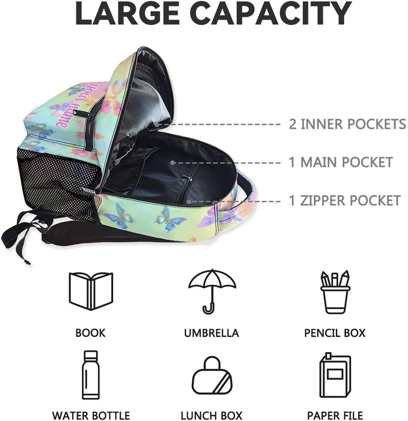 Custom School Backpack for Girls, 17 Inch Colorful Butterfly Backpacks for Women, Cute Lightweight Bookbag