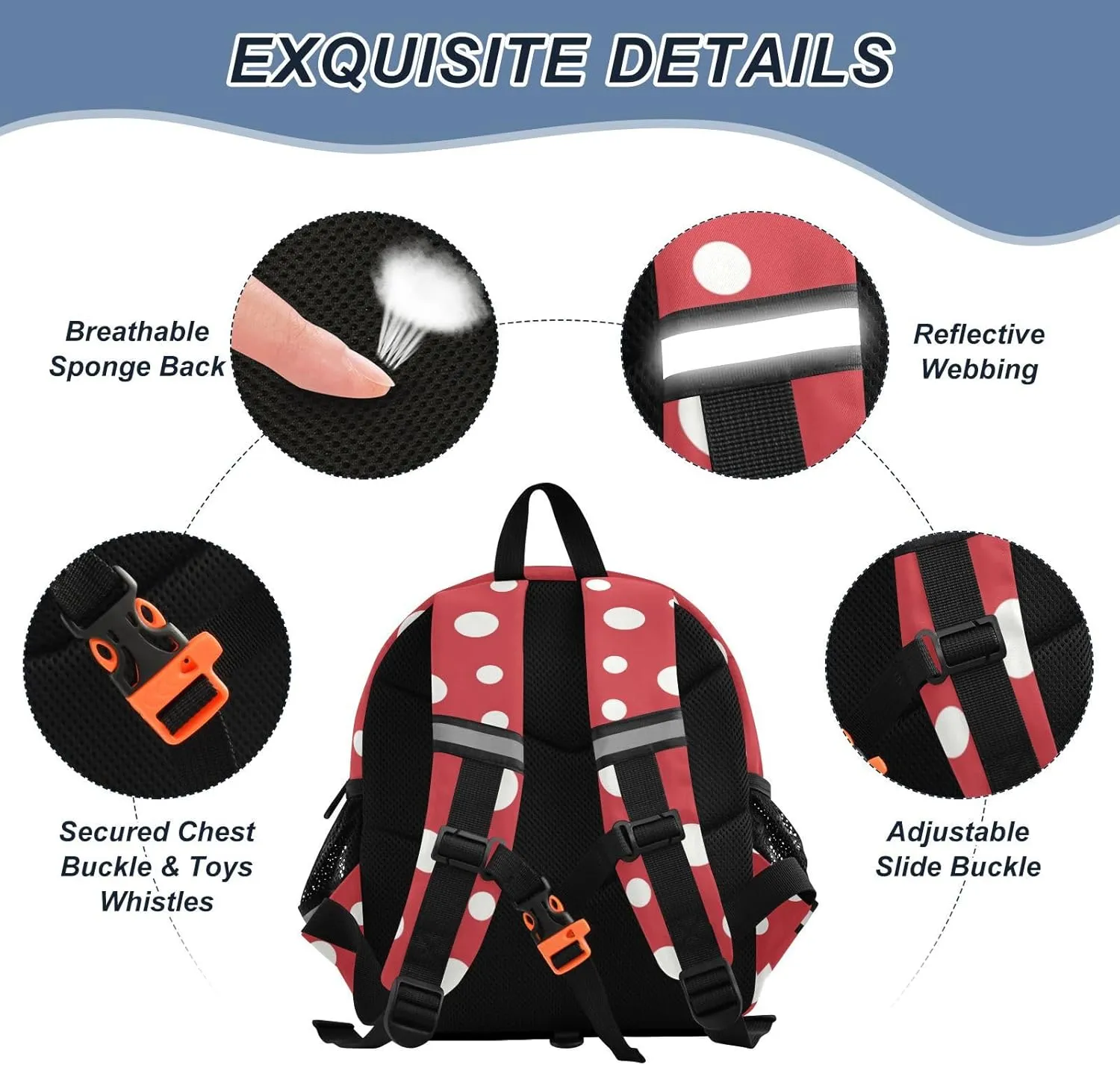 Custom Vintage Retro Style Preschool Backpack White Dots Red Daycare Bookbag School Backpack with Traction Rope Fashion Casual Cartoon School Travel Picnic Birthday for Kids 3-6