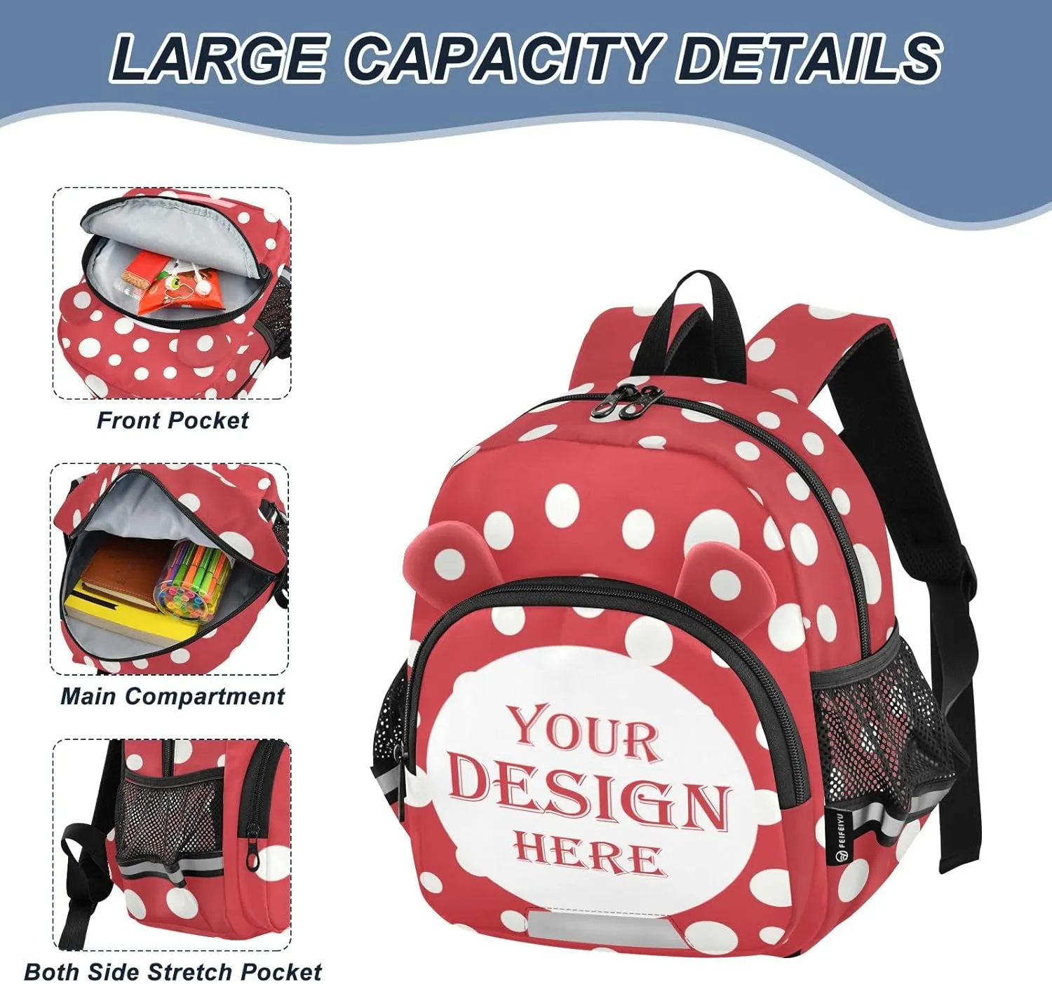 Custom Vintage Retro Style Preschool Backpack White Dots Red Daycare Bookbag School Backpack with Traction Rope Fashion Casual Cartoon School Travel Picnic Birthday for Kids 3-6