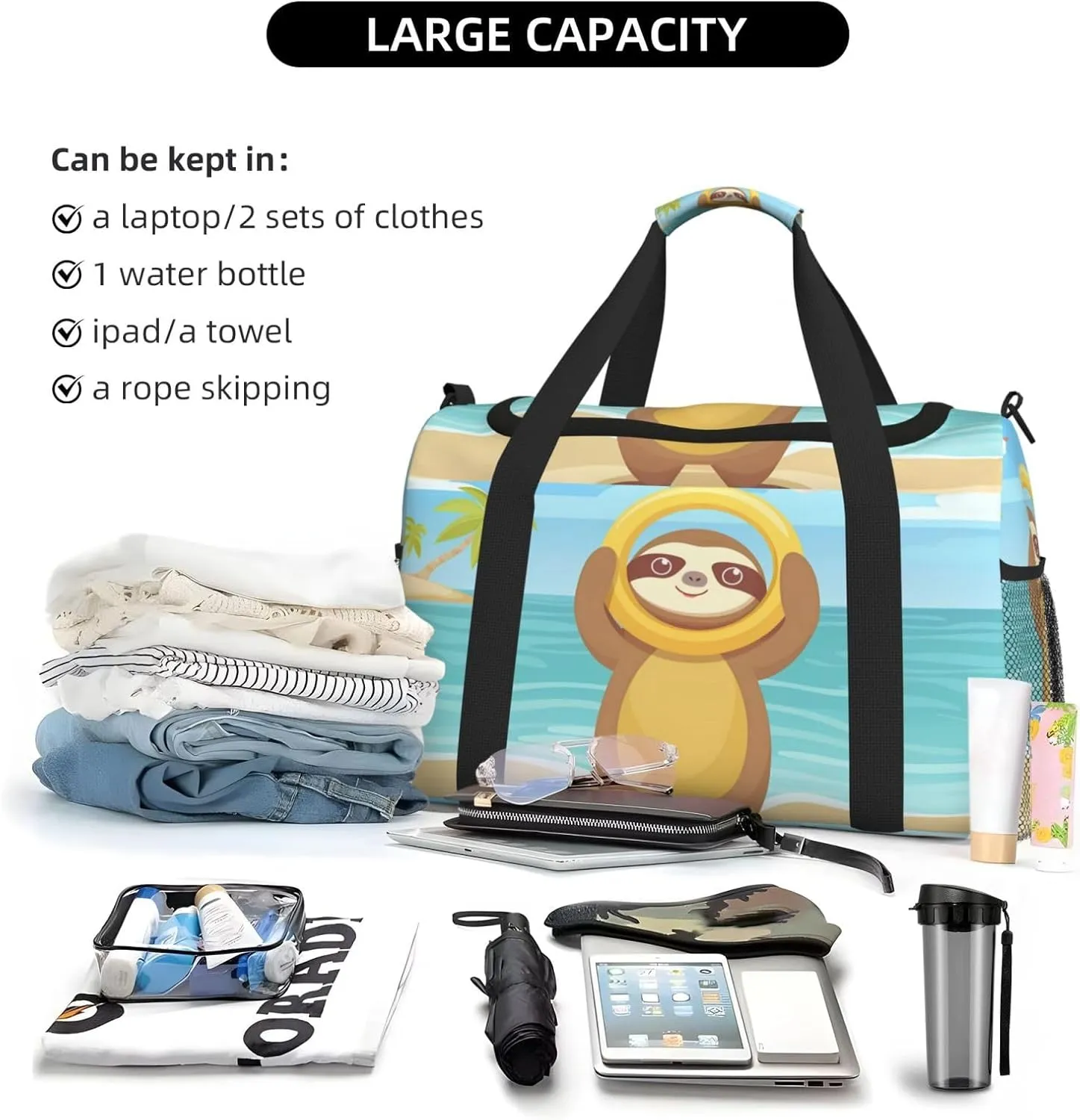 Cute Animal Sloth Big Capacity Sports Gym Bag Portable Travel Duffle Bag, Summer Beach Lightweight Weekender Workout Bag for Overnight, Unisex