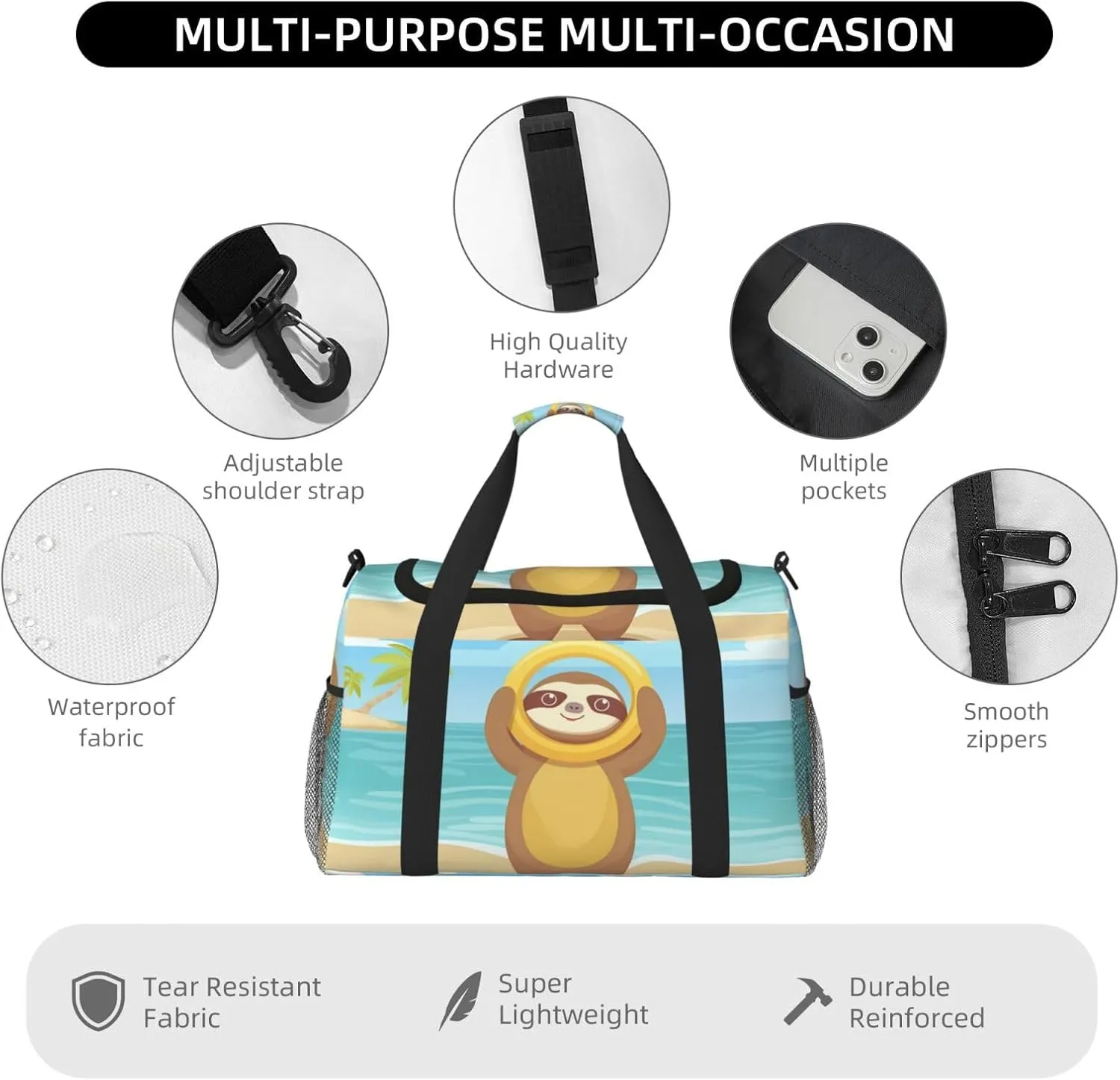 Cute Animal Sloth Big Capacity Sports Gym Bag Portable Travel Duffle Bag, Summer Beach Lightweight Weekender Workout Bag for Overnight, Unisex