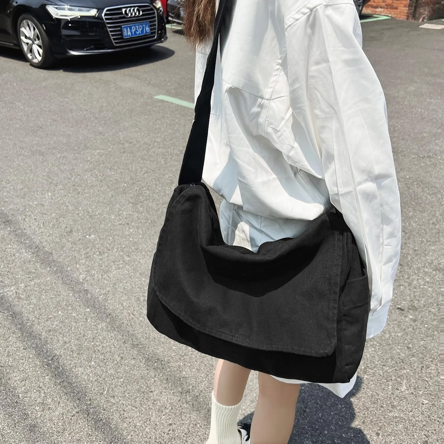 Cute Canvas Tote Crossbody Shoulder Bag with Multiple Pockets Small Casual Satchel Hobo Handbag Messenger Purse for Women