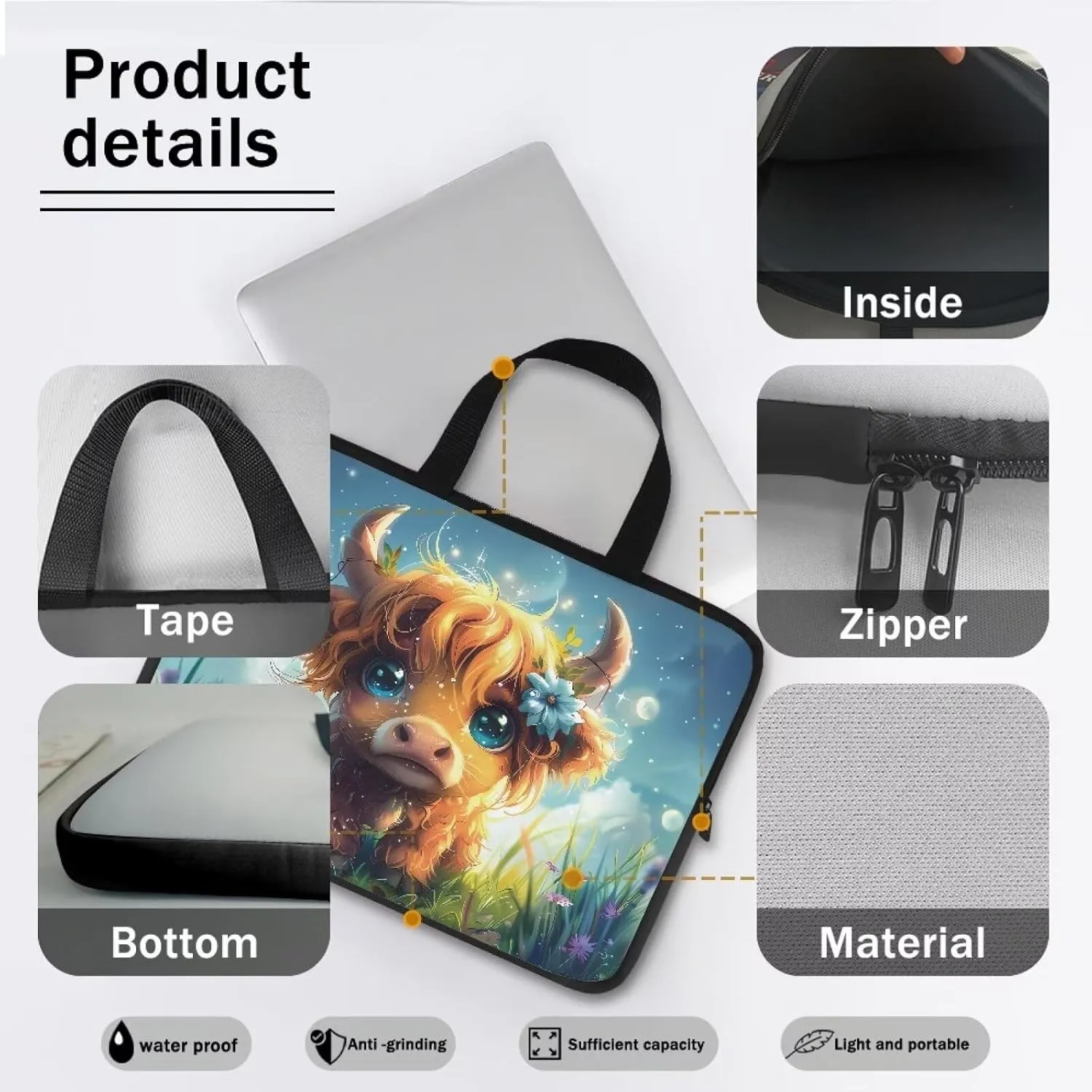 Cute Cattle Laptop Bag Briefcase for Women Men Portable Computer Messenger Bag Handbag Carrying Case for Office Travel Business, 17 Inch Portable Laptop Case with Handle