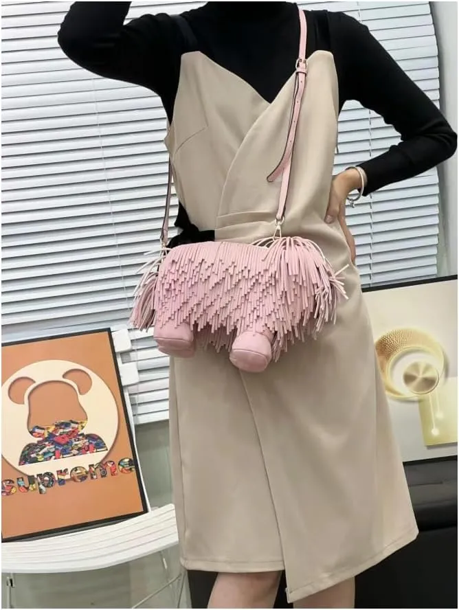 Cute Dog Shape Single Shoulder Bag Tassels Crossbody Bag PU Leather Purse and Handbag for Women (Pink)