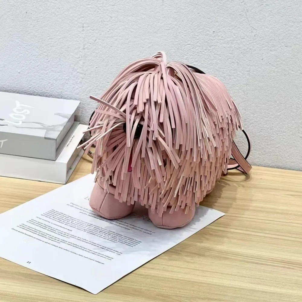 Cute Dog Shape Single Shoulder Bag Tassels Crossbody Bag PU Leather Purse and Handbag for Women (Pink)