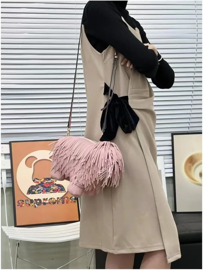 Cute Dog Shape Single Shoulder Bag Tassels Crossbody Bag PU Leather Purse and Handbag for Women (Pink)