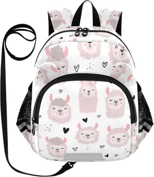 Cute Lamas Preschool Backpack Hearts White Daycare Bookbag School Backpack with Traction Rope for Kids 3-6
