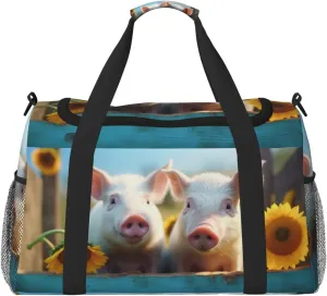 Cute Pigs Big Capacity Sports Gym Bag Portable Travel Duffle Bag, Autumn Sunflowers Lightweight Weekender Workout Bag for Overnight, Unisex