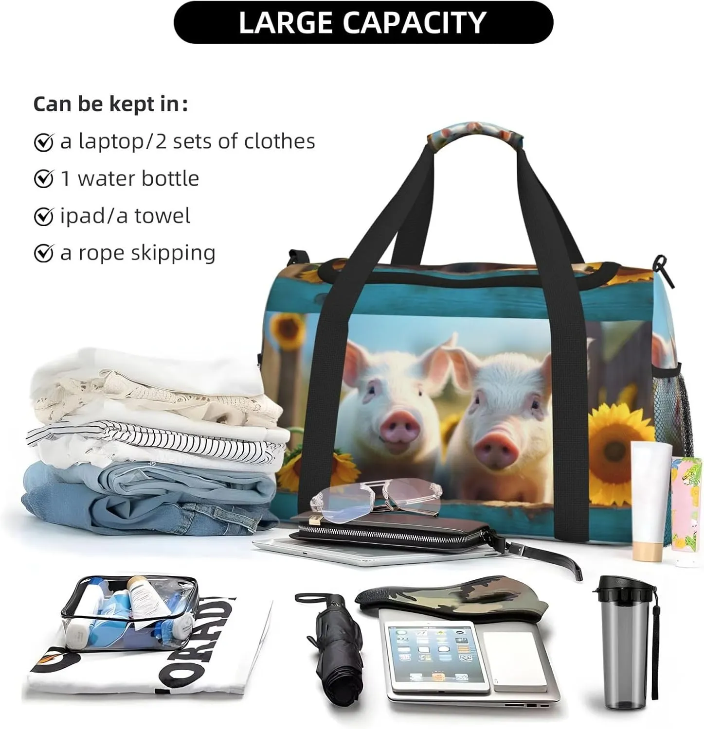 Cute Pigs Big Capacity Sports Gym Bag Portable Travel Duffle Bag, Autumn Sunflowers Lightweight Weekender Workout Bag for Overnight, Unisex