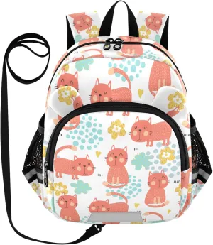 Cute Red Cats Preschool Backpack Flowers Daycare Bookbag School Backpack with Traction Rope for Kids 3-6