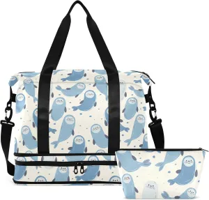 Cute Sea Seal Gym Bag for Women & Men,Duffel Bag with Shoe Pocket,Weekender Overnight Bag with Trolley Sleeve for Girls Travel 21220054