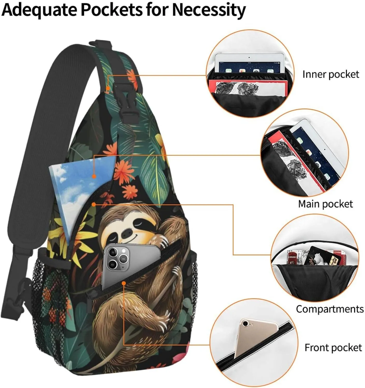 Cute Sloth Sling Backpack Hiking Backpack Crossbody Bag Sports Lightweight And Durable Chest Bag Shoulder Bag For Women Men