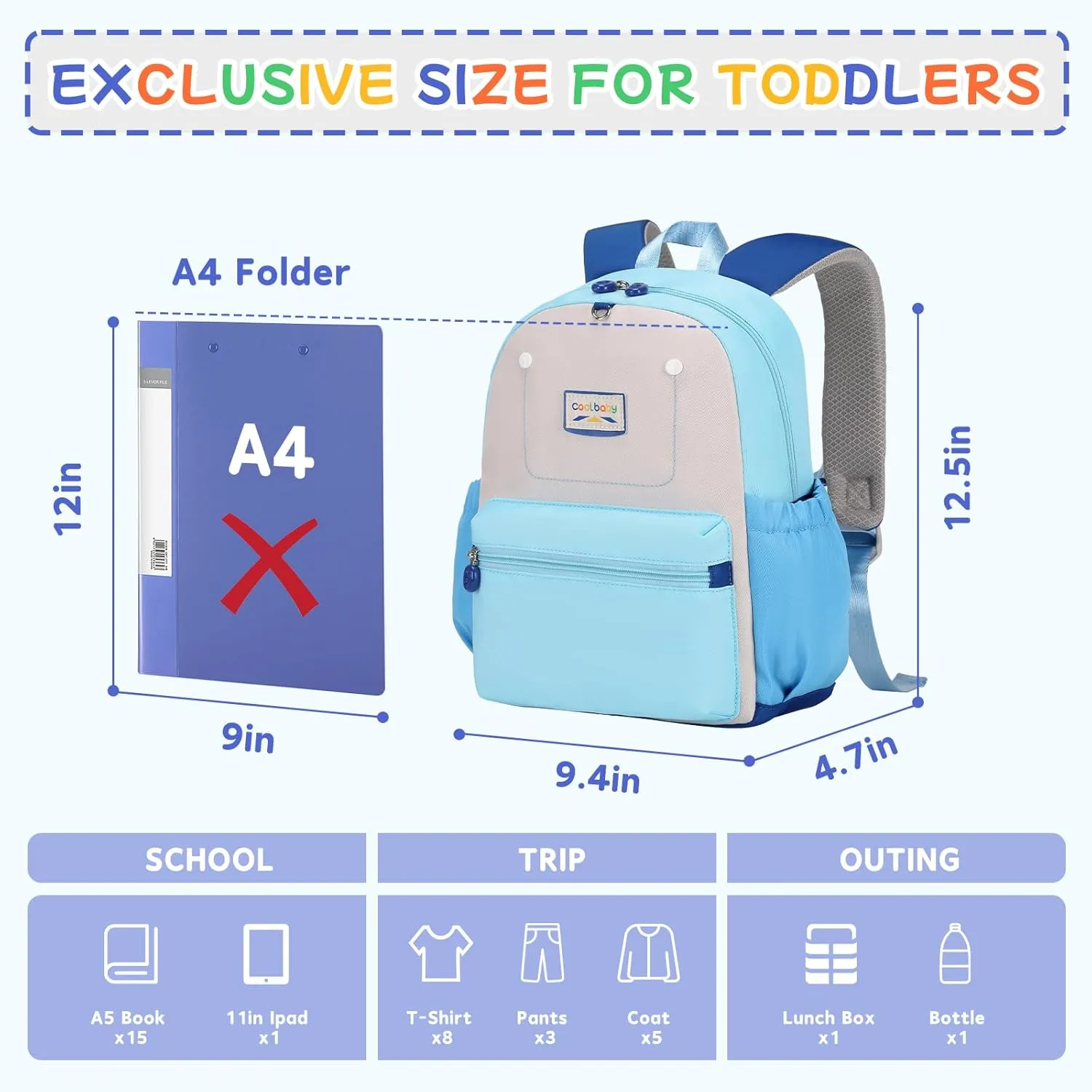 Cute Toddler Backpack, Kindergarten Backpack for Girls Boys 2-5, 12" Kids Mini Preschool Bags Blue for School & Travel