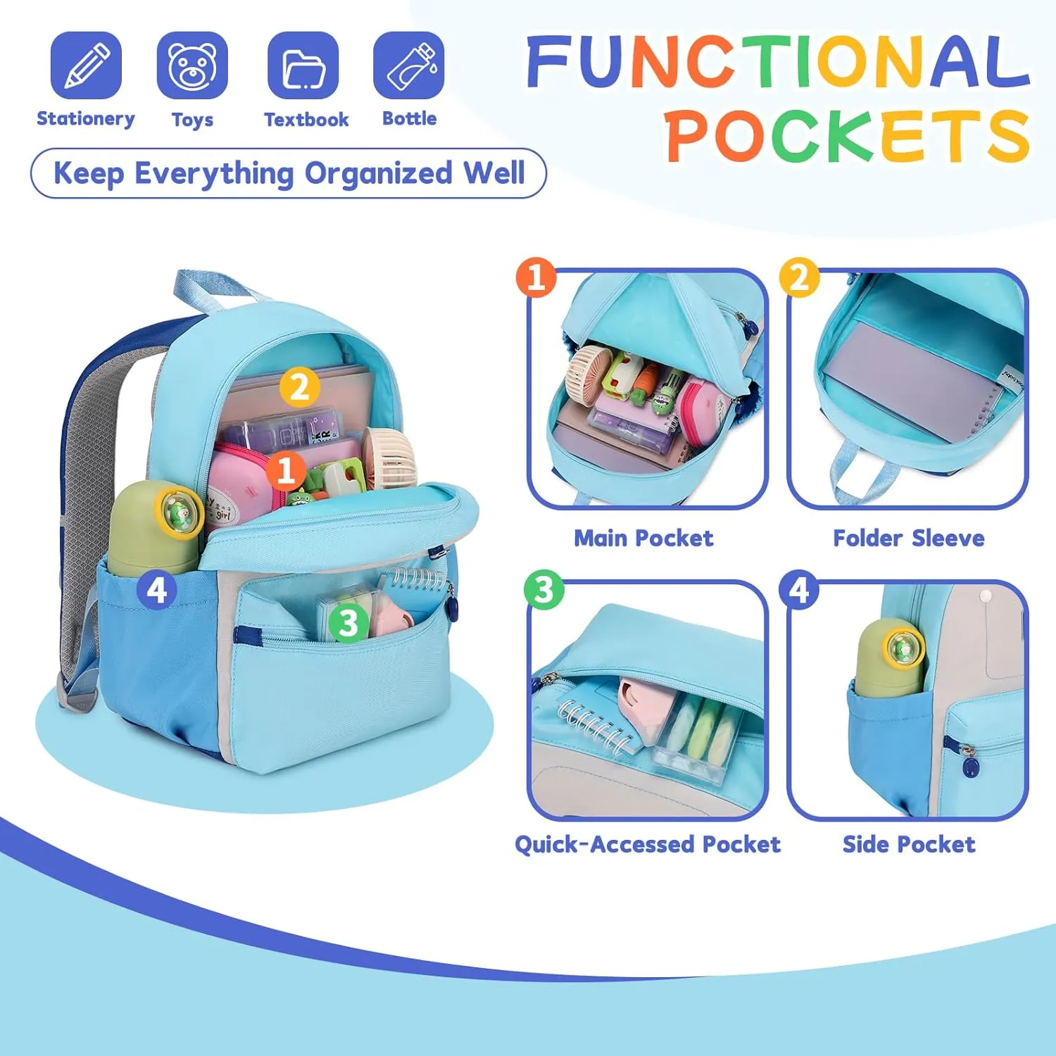 Cute Toddler Backpack, Kindergarten Backpack for Girls Boys 2-5, 12" Kids Mini Preschool Bags Blue for School & Travel