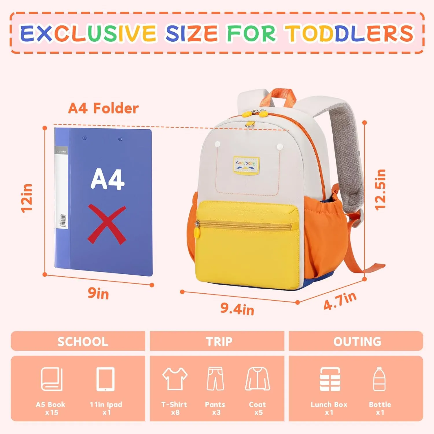 Cute Toddler Backpack, Kindergarten Backpack for Girls Boys 2-5, 12" Kids Mini Preschool Bags Orange for School & Travel