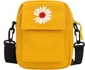 Daisy Flower Stylish Yellow Mini Cotton Canvas Crossbody Bag with Daisy Embroidery