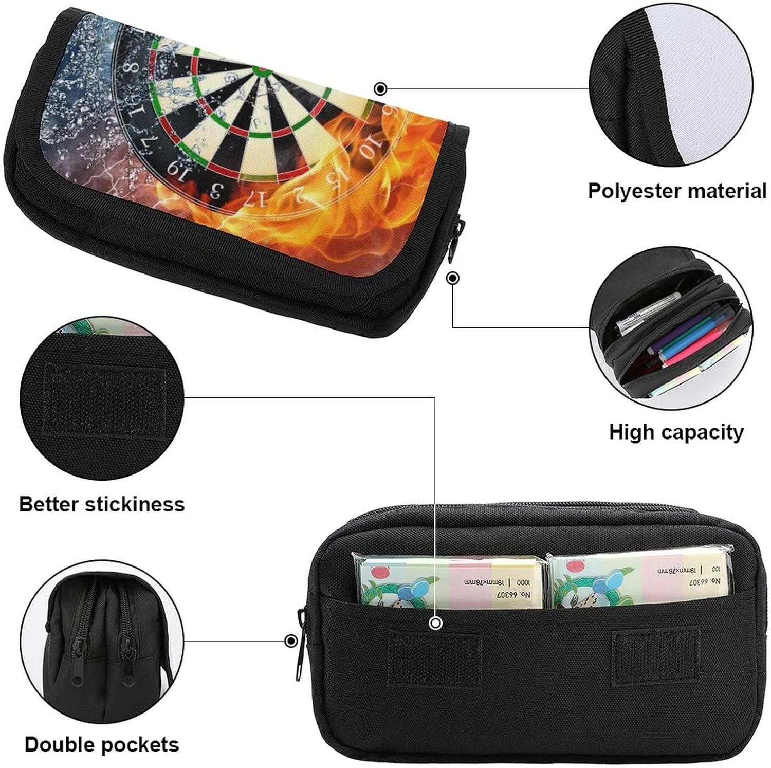 Dart Board Target Ice Fire Art Double Layer Zippered Pencil Case for Large Capacity Office Stationery Bag