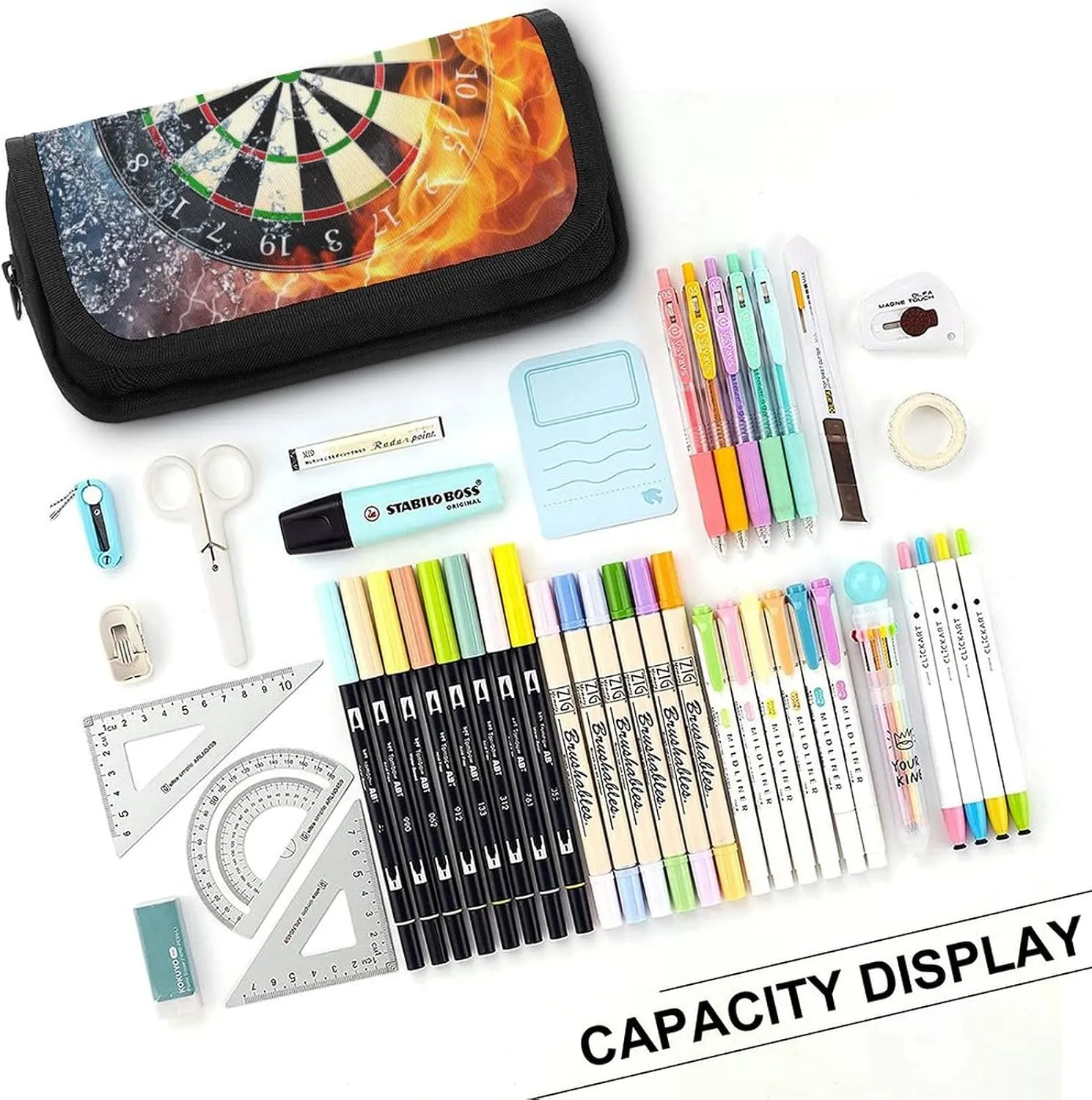 Dart Board Target Ice Fire Art Double Layer Zippered Pencil Case for Large Capacity Office Stationery Bag