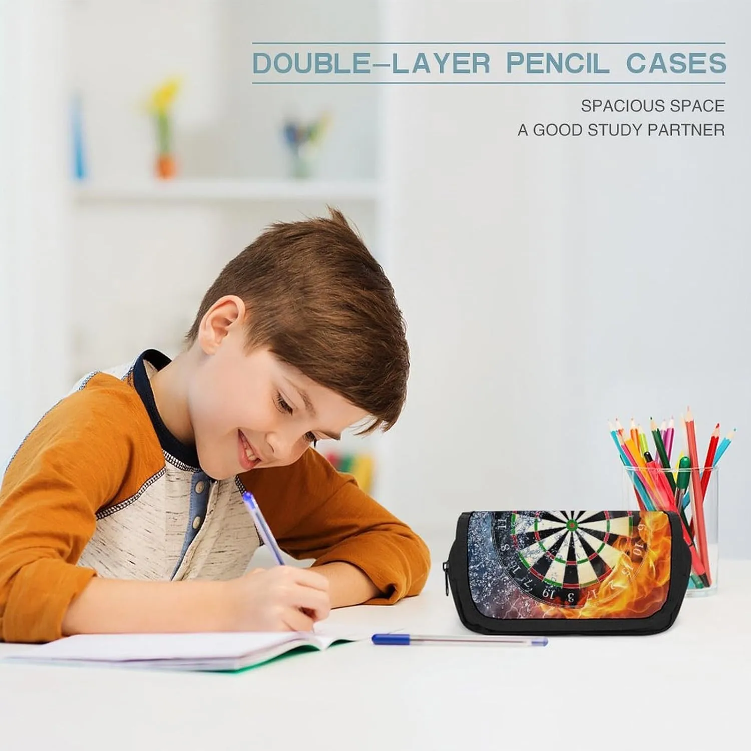 Dart Board Target Ice Fire Art Double Layer Zippered Pencil Case for Large Capacity Office Stationery Bag