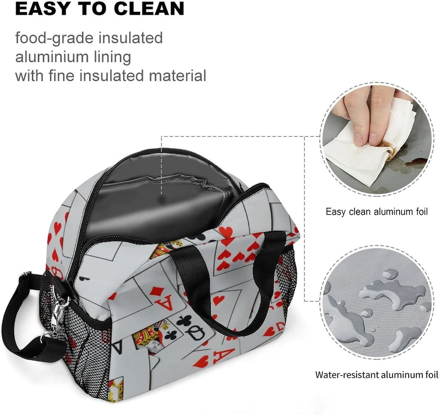 Deck Of Scattered Playing Cards Reusable Large Capacity Insulated Crossbody Lunch Bag
