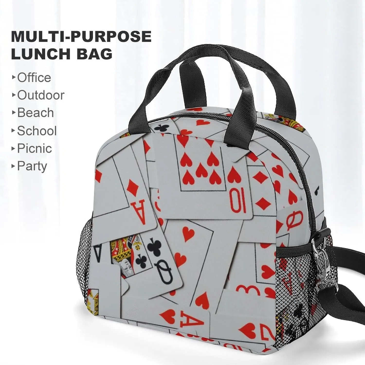 Deck Of Scattered Playing Cards Reusable Large Capacity Insulated Crossbody Lunch Bag