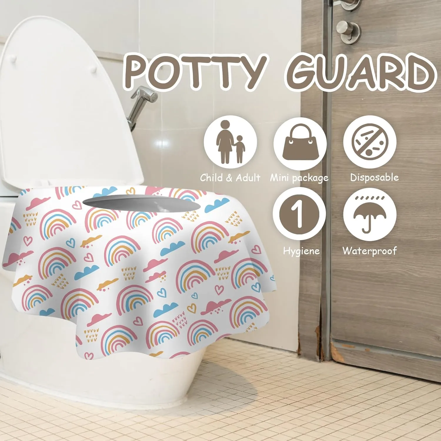 DEEKI 60 Pack Toilet Seat Covers Disposable, Safe No-Slip Waterproof for Kids Toddlers Use in Potty Training Public Restrooms Toilets, Portable Clean Covers for Adults Travel -Rainbow (60 Count)