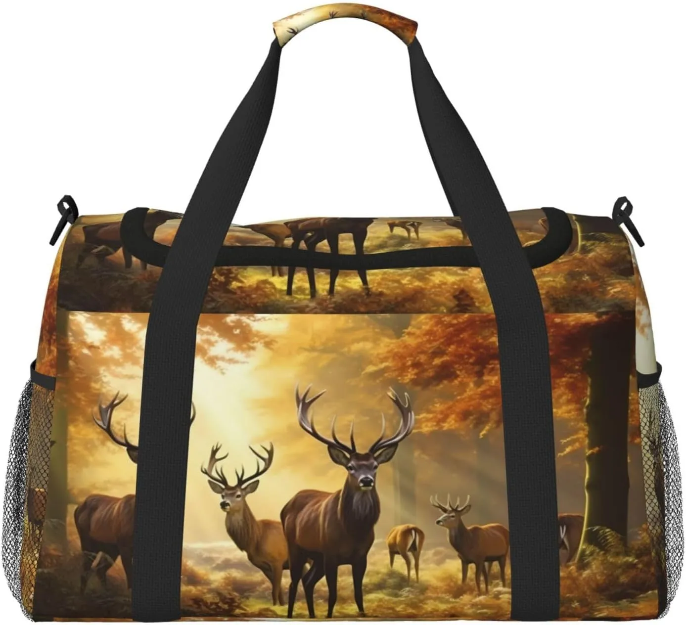 Deers Fall Tree Big Capacity Sports Gym Bag Portable Travel Duffle Bag, Autumn Maple Leaves Lightweight Weekender Workout Bag for Overnight, Unisex