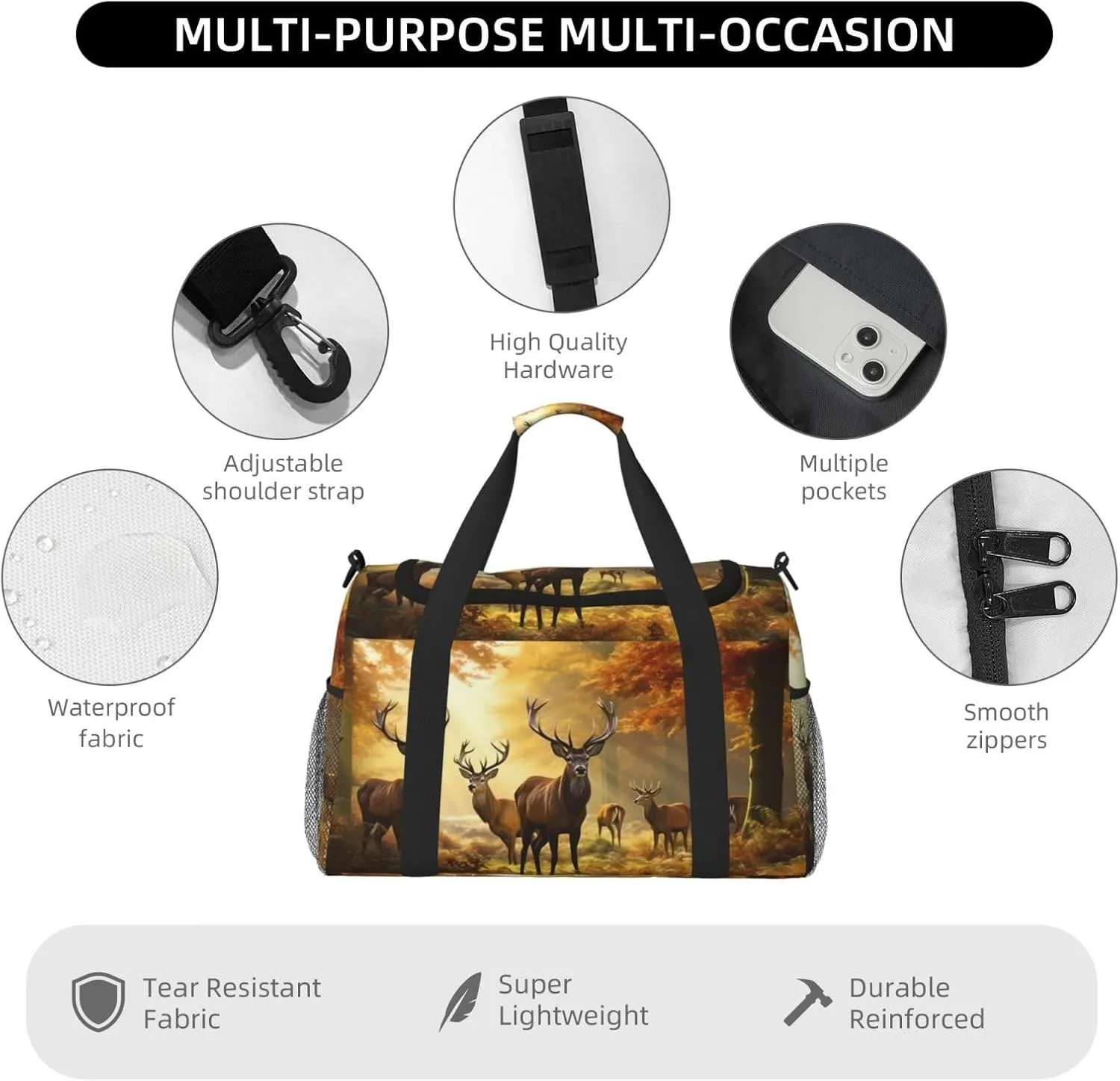 Deers Fall Tree Big Capacity Sports Gym Bag Portable Travel Duffle Bag, Autumn Maple Leaves Lightweight Weekender Workout Bag for Overnight, Unisex