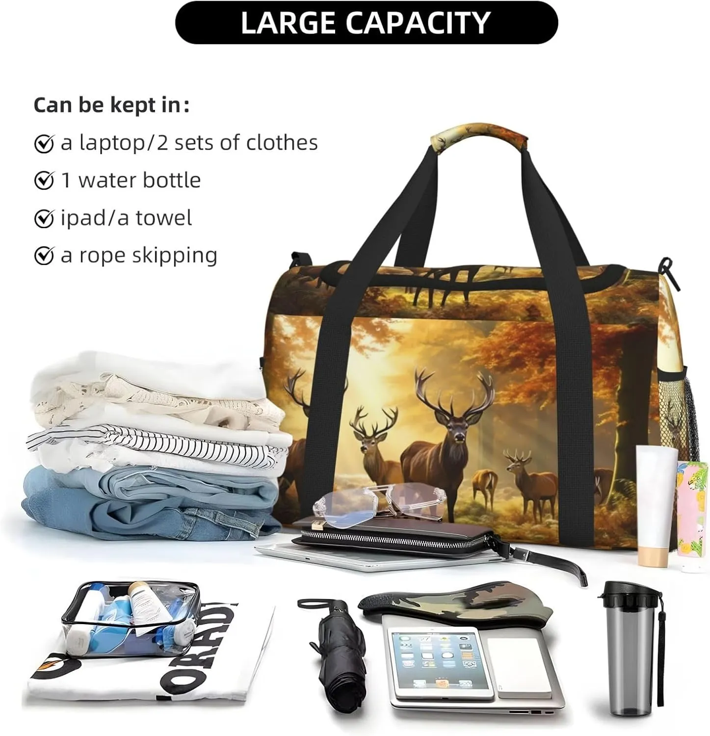 Deers Fall Tree Big Capacity Sports Gym Bag Portable Travel Duffle Bag, Autumn Maple Leaves Lightweight Weekender Workout Bag for Overnight, Unisex