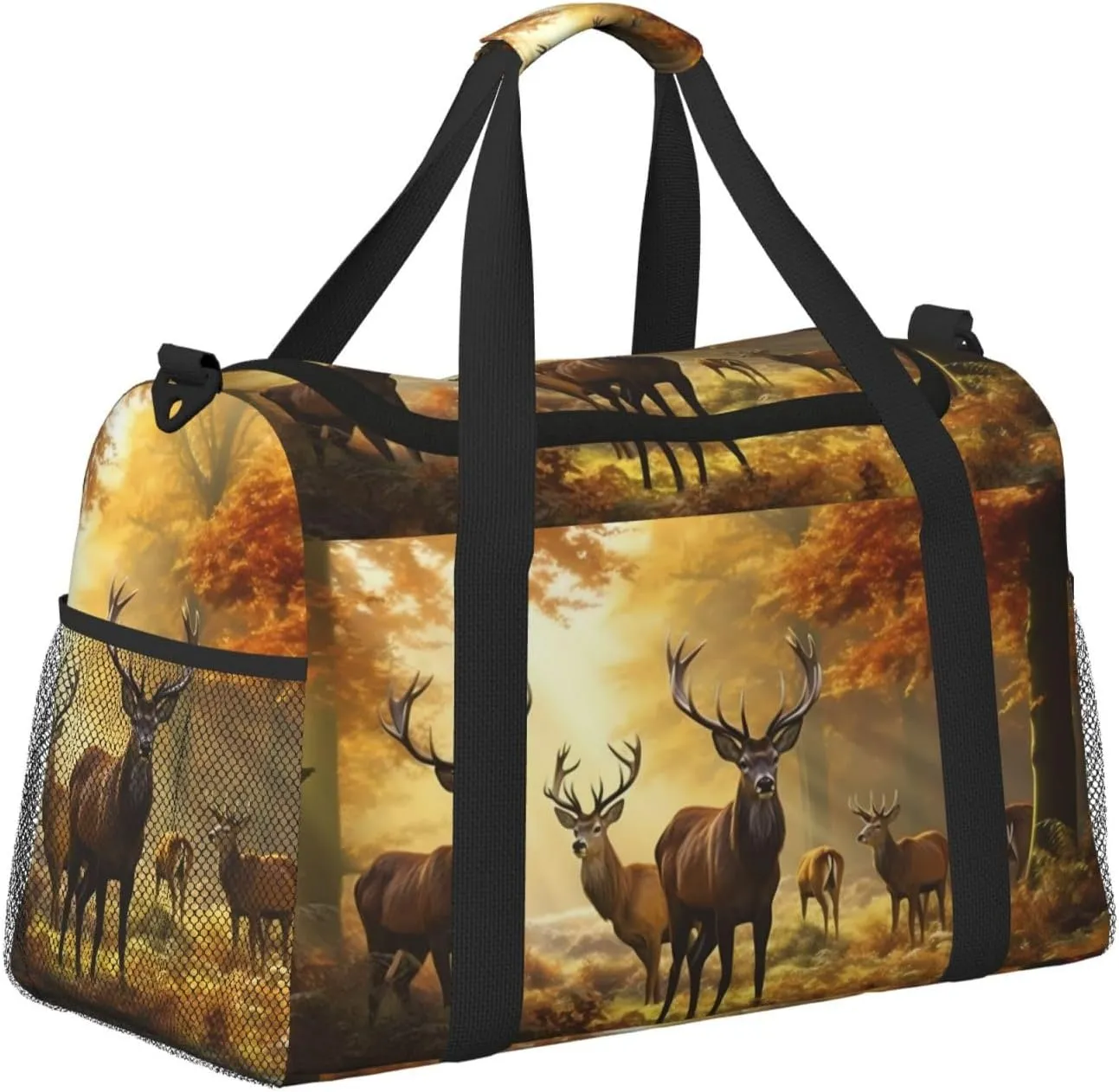 Deers Fall Tree Big Capacity Sports Gym Bag Portable Travel Duffle Bag, Autumn Maple Leaves Lightweight Weekender Workout Bag for Overnight, Unisex