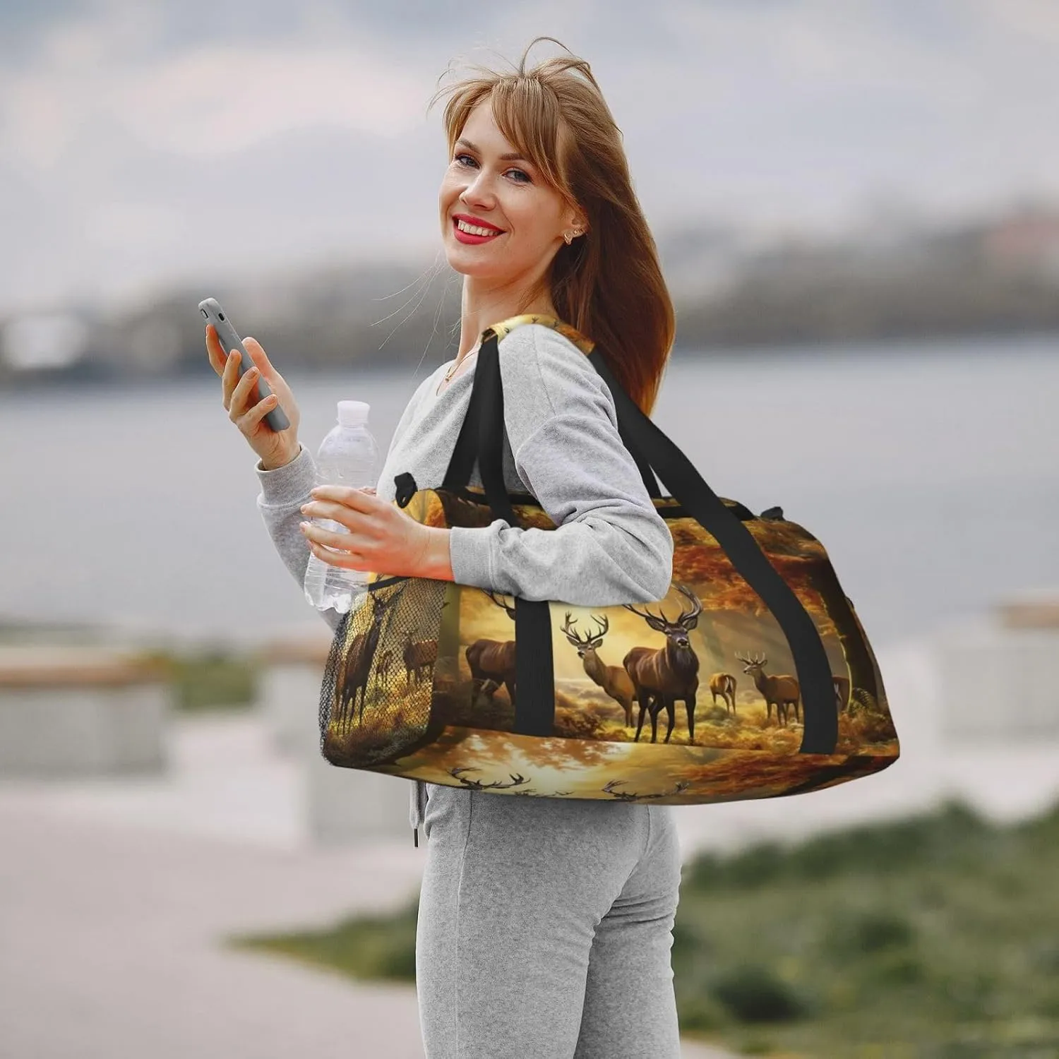 Deers Fall Tree Big Capacity Sports Gym Bag Portable Travel Duffle Bag, Autumn Maple Leaves Lightweight Weekender Workout Bag for Overnight, Unisex