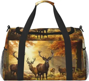 Deers Fall Tree Big Capacity Sports Gym Bag Portable Travel Duffle Bag, Autumn Maple Leaves Lightweight Weekender Workout Bag for Overnight, Unisex