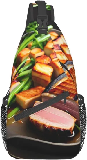 Delicious Grilled Meat Crossbody Bag, *Men'S And Women'S Chest Crossbody Bag, Zipper Closure, Strap Length Adjustable