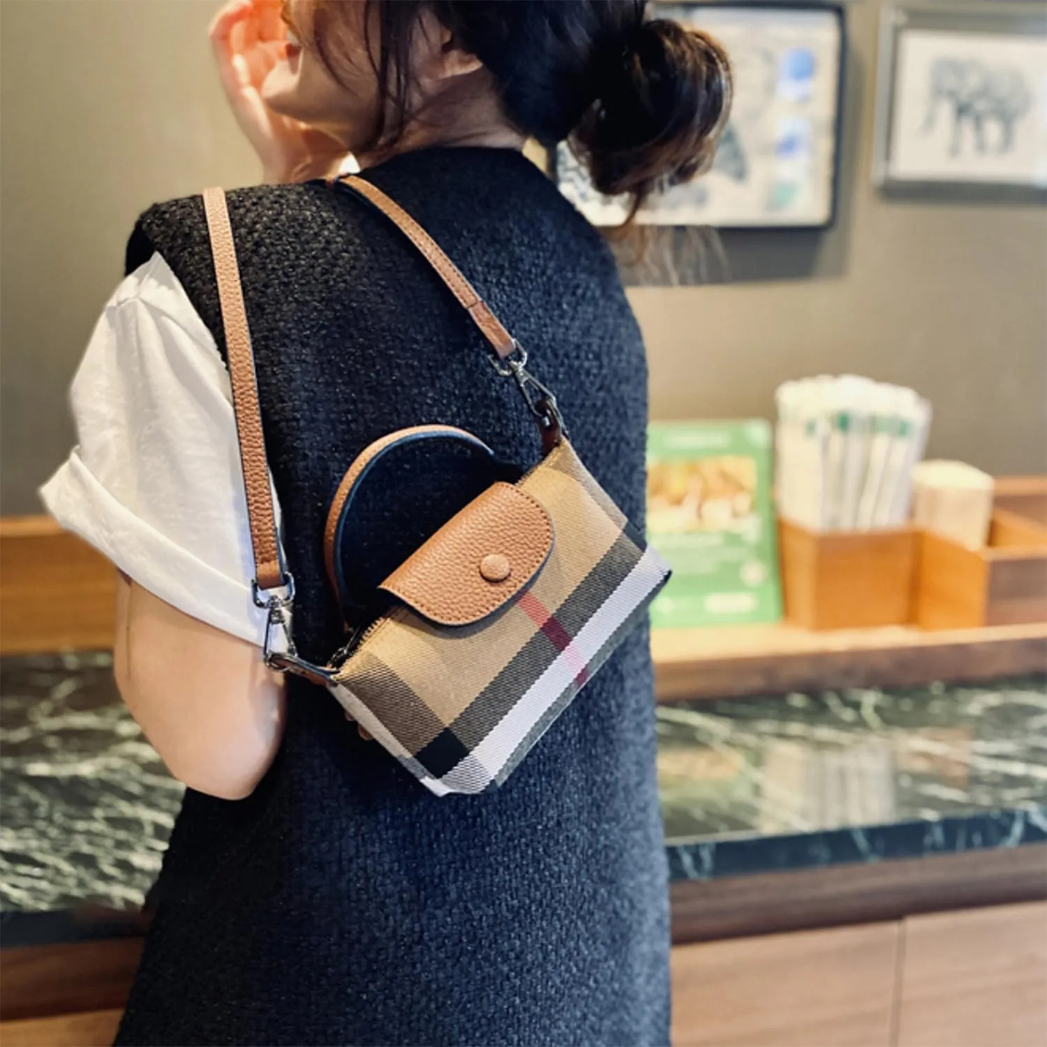 Deluxe Small Size Women's Check Tote Leather and Canvas Contrast Top Handle Mini Waist Bag Everyday Crossbody Bag