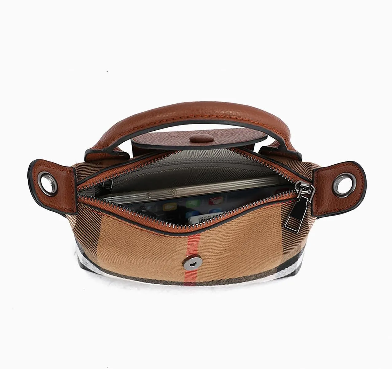 Deluxe Small Size Women's Check Tote Leather and Canvas Contrast Top Handle Mini Waist Bag Everyday Crossbody Bag