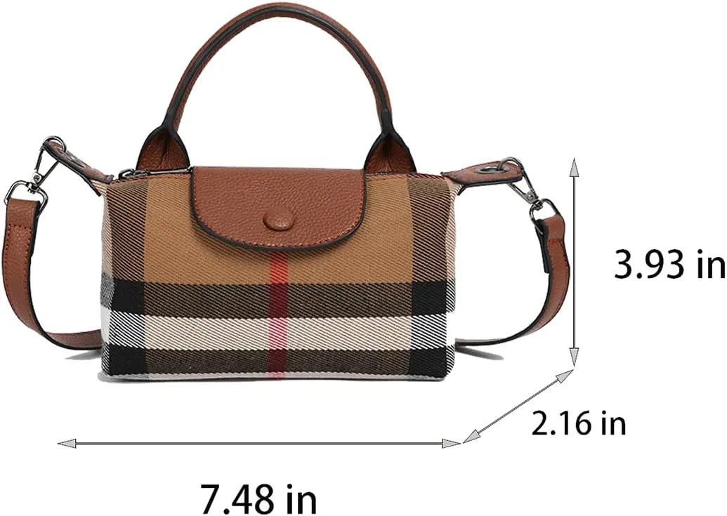 Deluxe Small Size Women's Check Tote Leather and Canvas Contrast Top Handle Mini Waist Bag Everyday Crossbody Bag