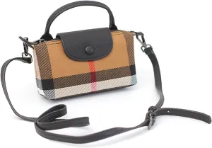 Deluxe Small Size Women's Check Tote Leather and Canvas Contrast Top Handle Mini Waist Bag Everyday Crossbody Bag