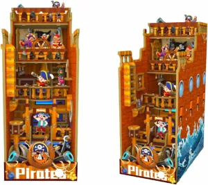 DIY Book Nook Kit, 3D Wooden Puzzle Bookend DIY Dollhouse Kit Insert Decorative Bookend Model with LED Book Shelf Decor Pirate Miniatures Diorama Kit